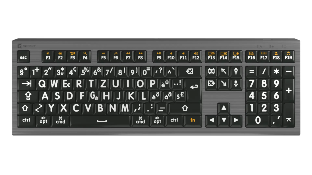 Großdruck – Weiß auf Schwarz ASTRA2-Tastatur mit Hintergrundbeleuchtung – Logickeyboard