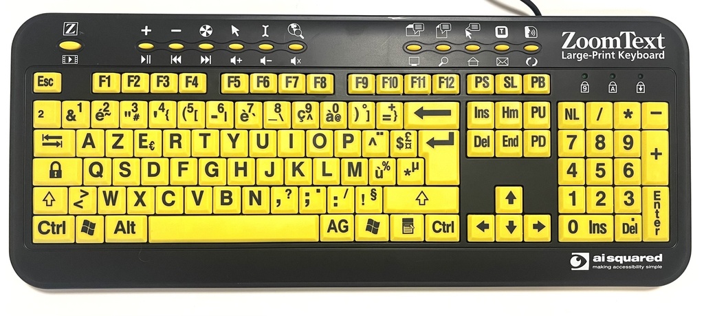 ZoomText Large-Print Keyboard Franséisch schwaarz op giel Schlësselen
