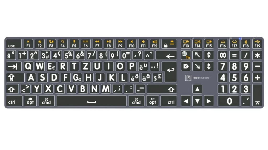 Grousse Print - Wäiss op Schwaarz TITAN Wireless Backlit Keyboard - Logickeyboard